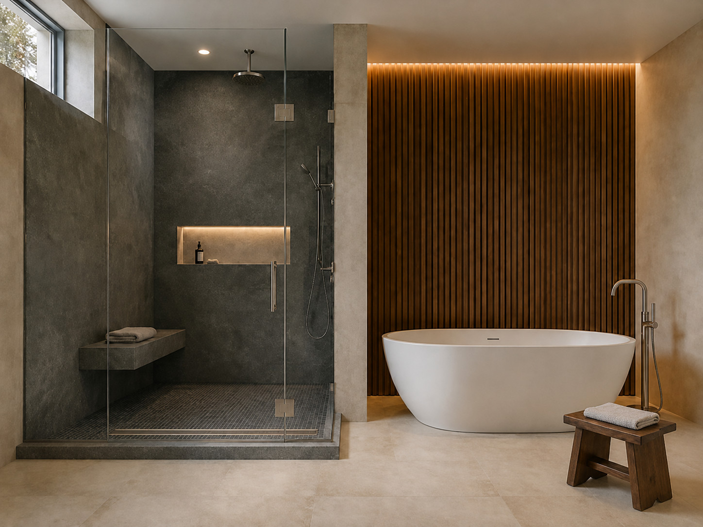 Modern shower-tub suite with linear drain