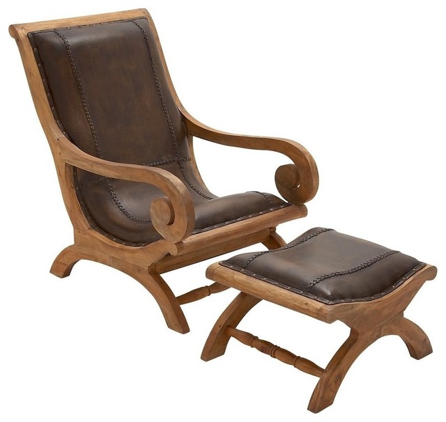 Farmhouse Wood Leather Chair and Ottoman, MultiColor