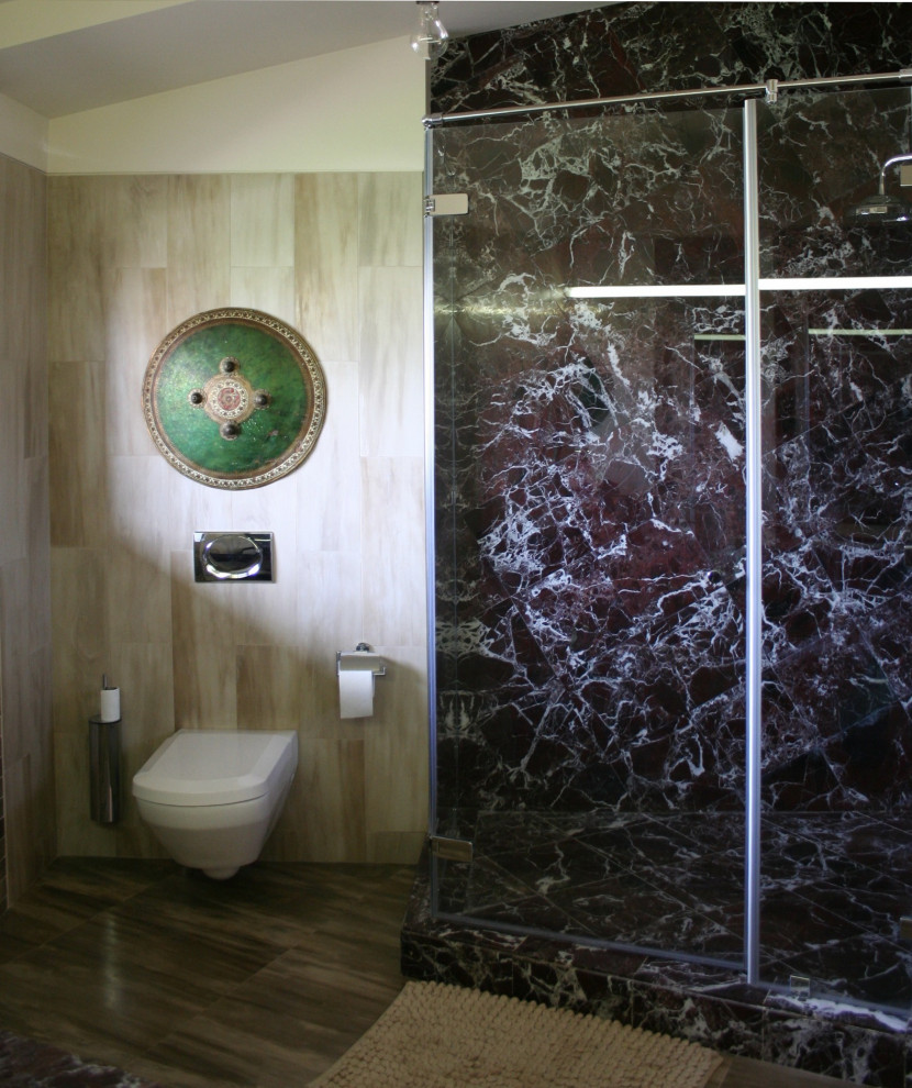 Inspiration for a mid-sized 3/4 bathroom in Moscow with an open shower, a wall-mount toilet, beige tile, porcelain tile, marble floors, an undermount sink, marble benchtops, beige floor, a shower curtain and red benchtops.