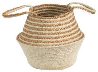 14" Boho Belly Basket Natural Jute & Cotton Planter, Cream & Natural W/ Handles