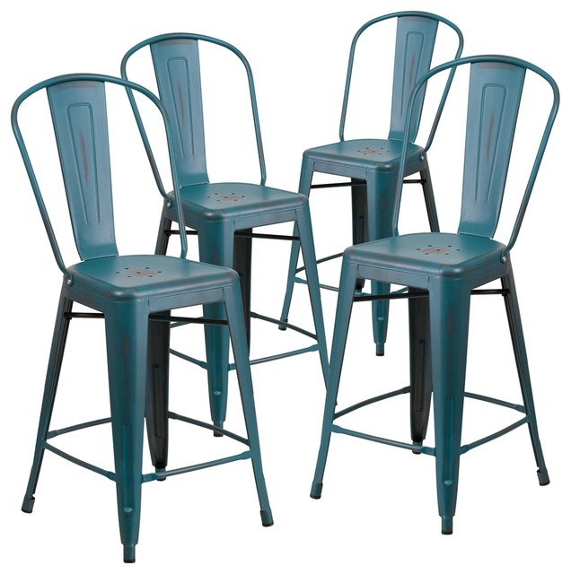 Metal Indoor Counter Stools, Back Distressed Kelly Blue 24" High, Set of 4