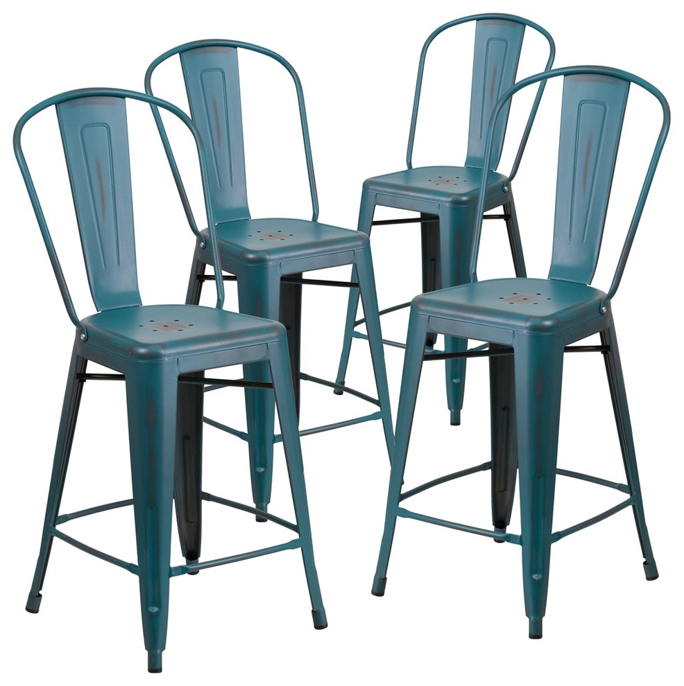 Metal Indoor Counter Stools, Back Distressed Kelly Blue 24" High, Set of 4
