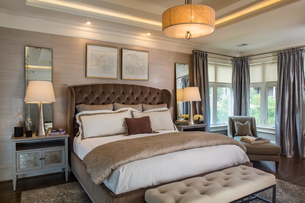 Inspiration for a transitional master bedroom in Other with beige walls and dark hardwood floors.
