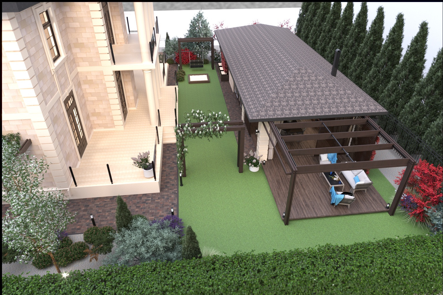 Ландшафтный проект участка с зоной барбекю и банным комплексом..