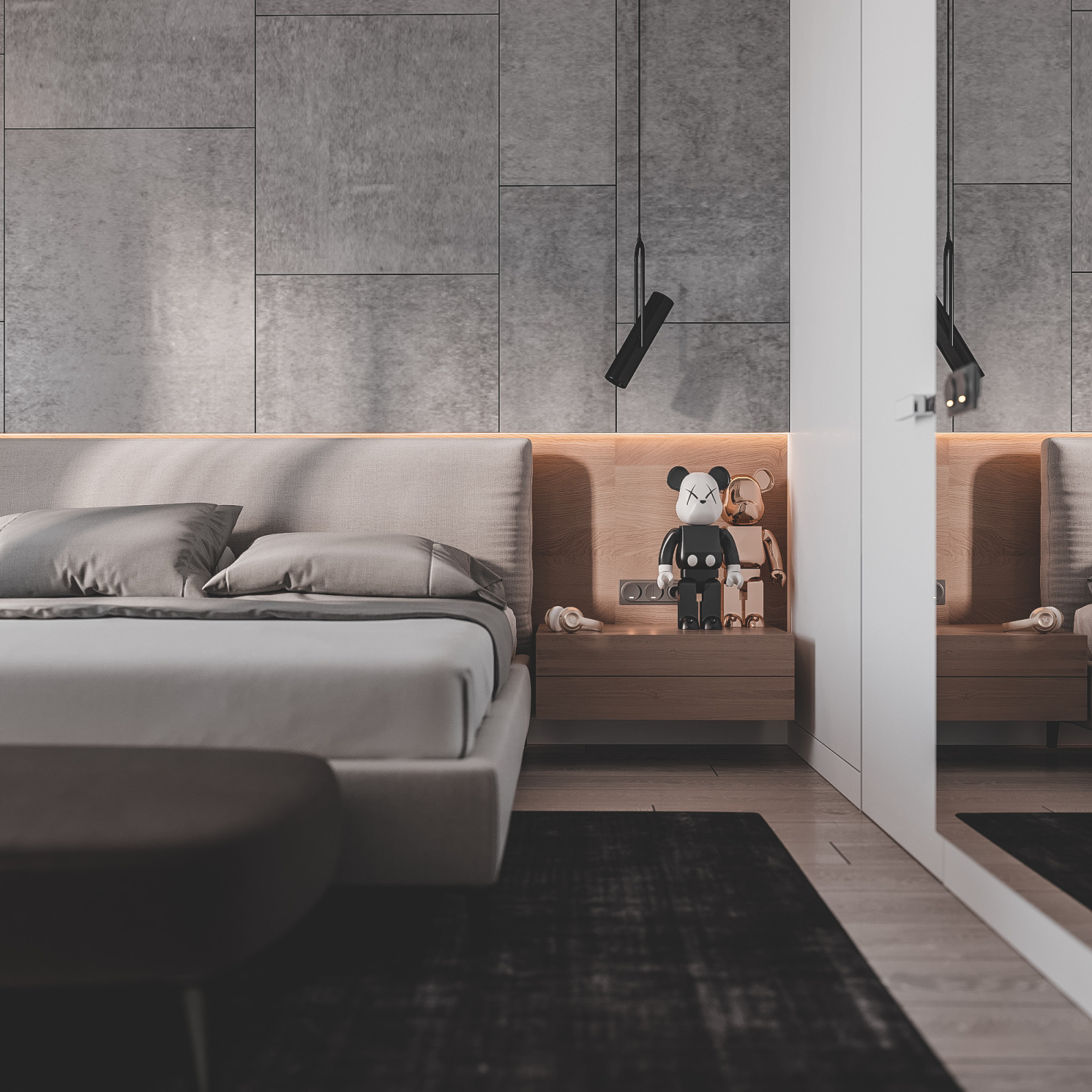 Современная светлая спальня с гардеробом