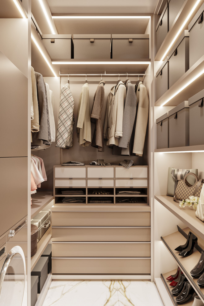 Design ideas for a traditional gender neutral wardrobe in Moscow with beige cabinets, porcelain flooring and white floors.