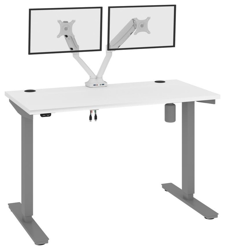 Bestar Upstand 48W x 24D Standing Desk with Dual Monitor Arm in white