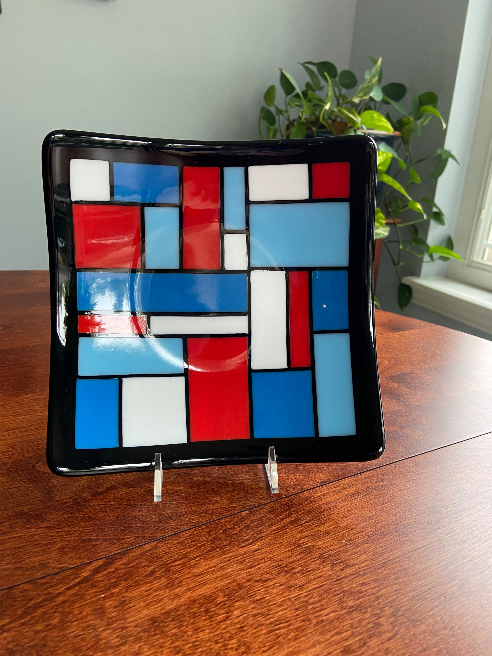 8" Blues/ red/ white Serving Plate  Mondrian style - any-use