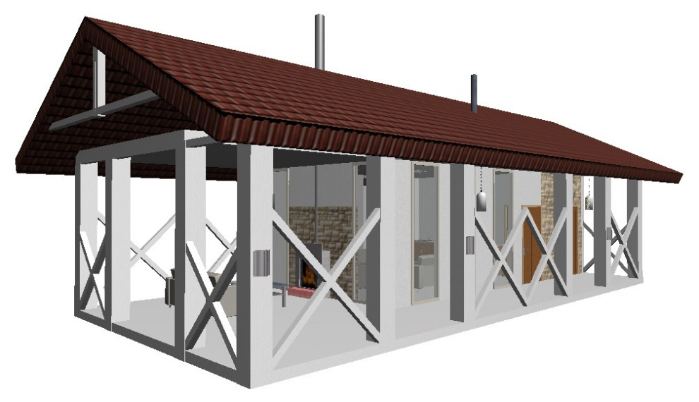 Крытая беседка в современном стиле с террасой, кухней, зоной отдыха, камином.