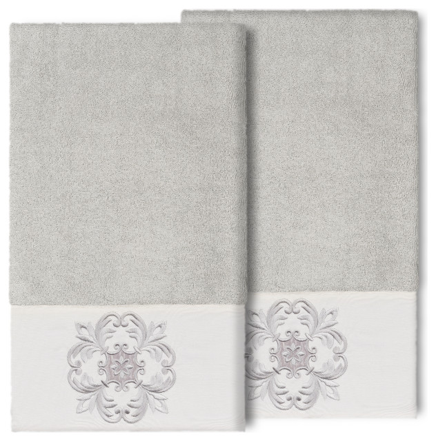 100 Turkish Cotton Alyssa 2Piece Embellished Bath Towel Set, Light Gray Bath Towels by