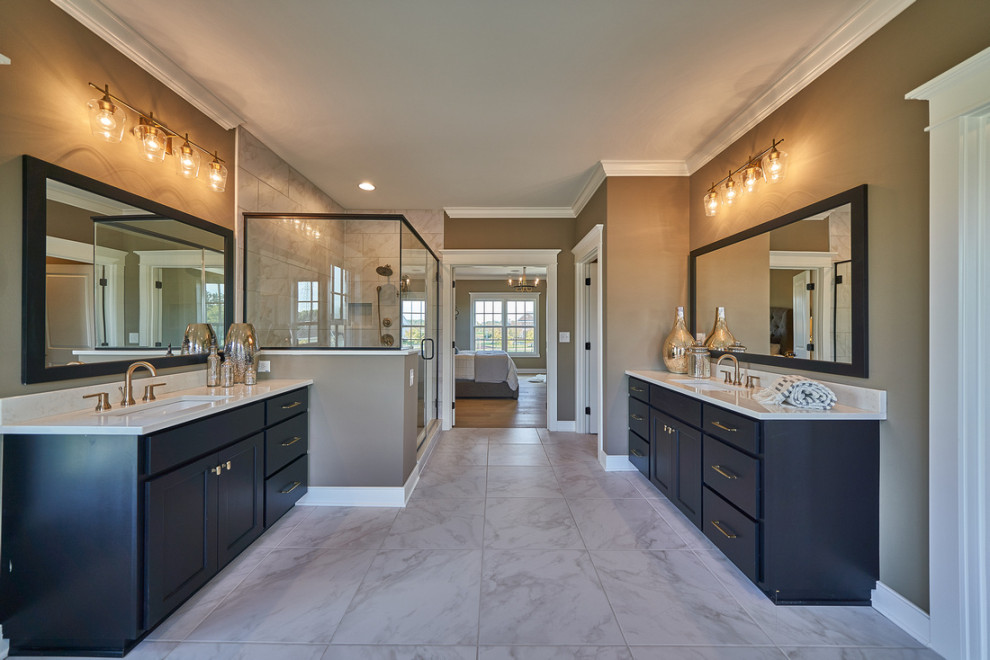 Design ideas for a contemporary master bathroom in Columbus with flat-panel cabinets, black cabinets, a corner shower, brown walls, porcelain floors, an undermount sink, white floor, a hinged shower door, white benchtops, an enclosed toilet, a single vanity and a built-in vanity.