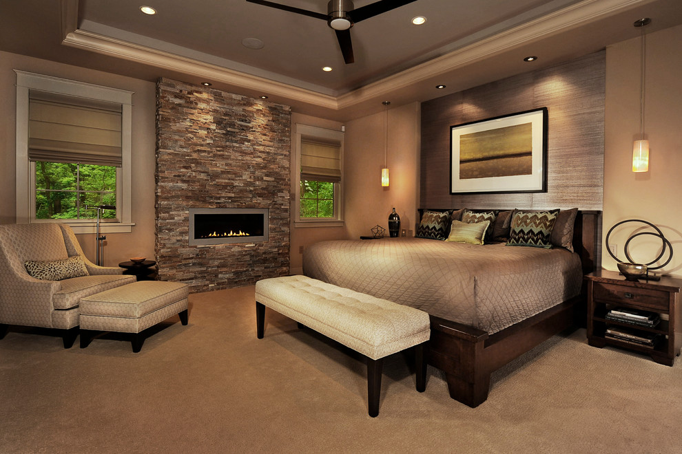 Contemporary bedroom in Philadelphia with carpet and a ribbon fireplace.