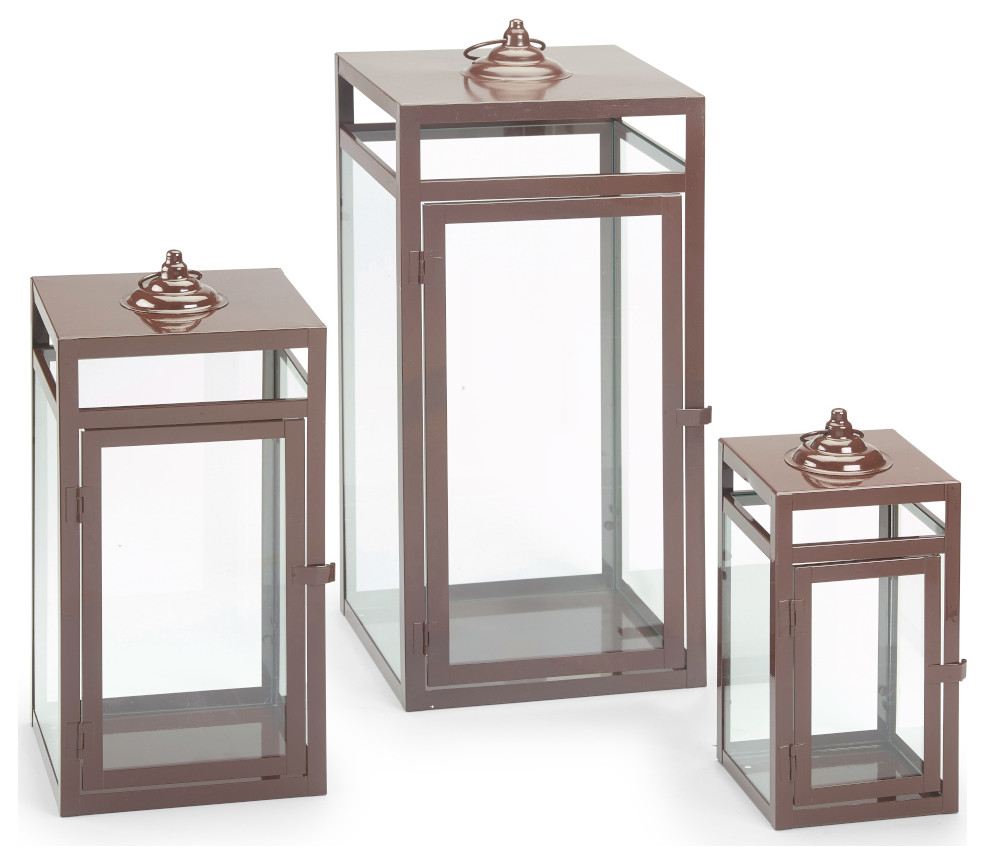 Set of 3 Indoor/Outdoor Metal and Glass Candle Lanterns- Brown