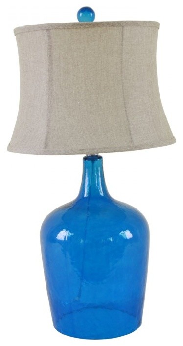 Blue Bottle Table Lamp With Bell Linen Shade