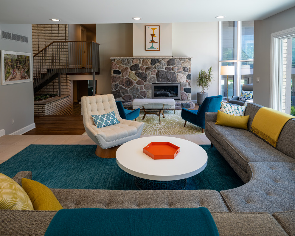 Inspiration for a midcentury family room in Detroit.