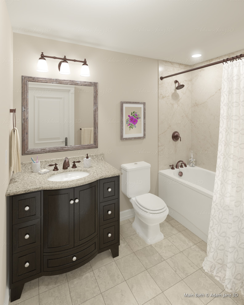 Inspiration for a small transitional 3/4 bathroom in Toronto with furniture-like cabinets, dark wood cabinets, an alcove tub, a shower/bathtub combo, a two-piece toilet, beige walls, travertine floors, an undermount sink, marble benchtops, beige floor, a shower curtain and beige benchtops.