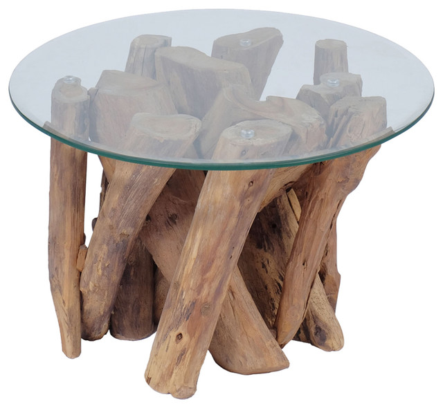 Vidaxl Solid Teak Driftwood Coffee, Glass Rustic Coffee Table With Wheels