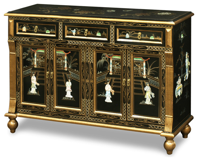 black lacquer mother of pearl motif sideboard - asian - buffets and