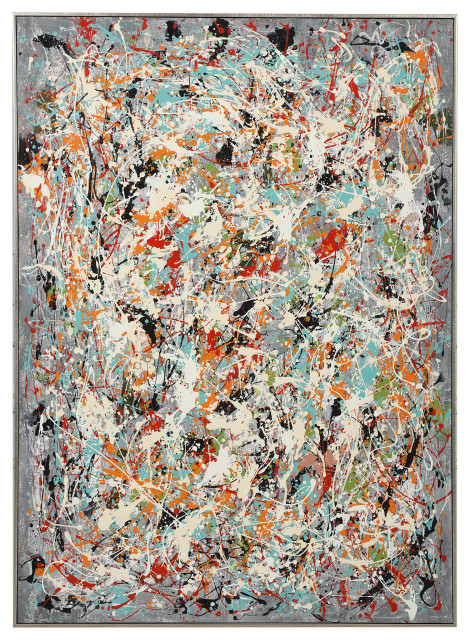 Oversize Abstract Spatter Modern Painting Wall Art 61in Gray Orange Silver Frame