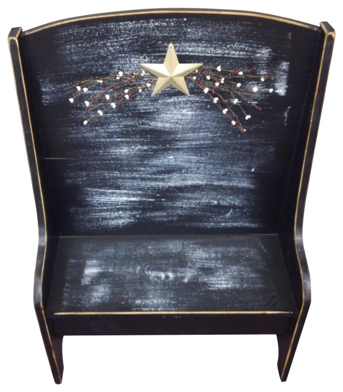 Primitive Pine Miniature Deacon's Bench With Rustic Star, Black