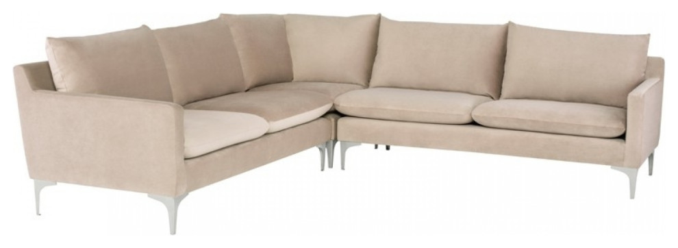 L Viola Pc Sectional Sofa Modern Nude Velour Stainless Steel Legs Contemporary