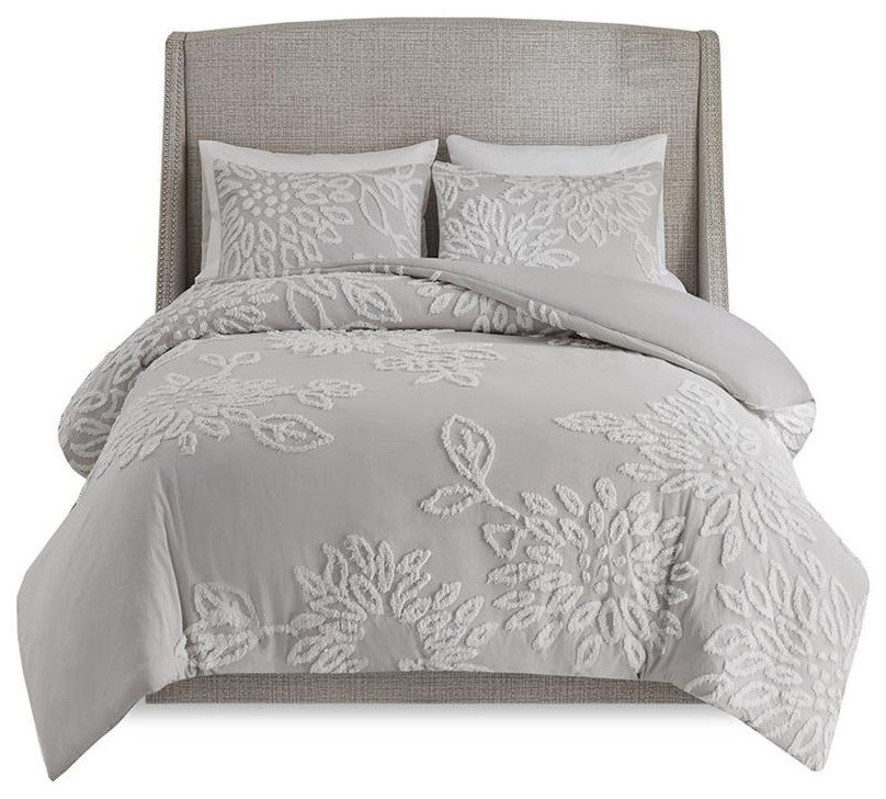 Shabby Chic Grey & White Cotton Chenille Floral Duvet Set - King/Cal King
