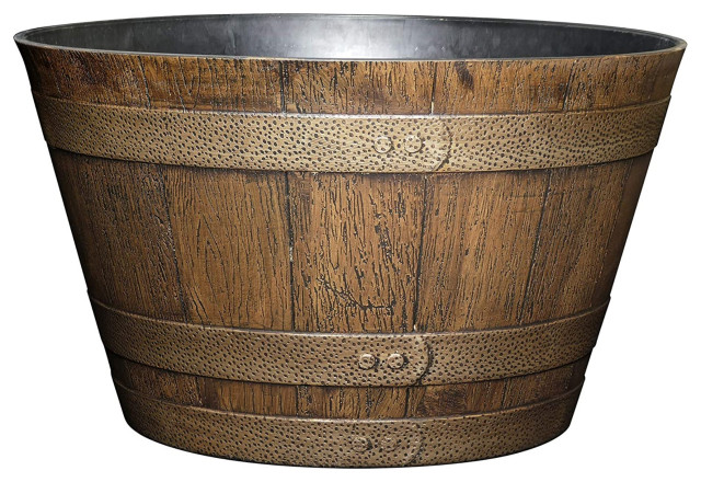 Classic Home Garden Whiskey Resin Flower Pot Barrel Planter, Oak Brown, 20.5"