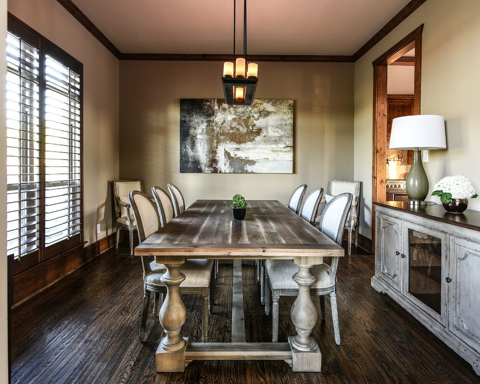 Photo of a mid-sized country separate dining room in Dallas with beige walls and dark hardwood floors.