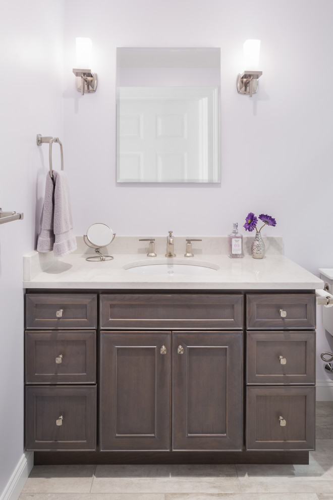 Photo of a mid-sized transitional bathroom in Providence with flat-panel cabinets, grey cabinets, gray tile, porcelain tile, purple walls, porcelain floors, an undermount sink and engineered quartz benchtops.