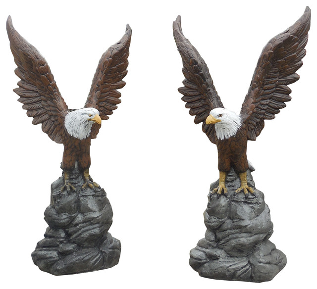 44"H Wings Up Concrete Eagle Statues, Pair in Detail Painted Finish