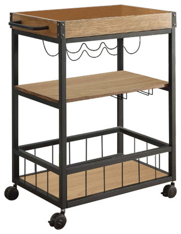 Linon Austin Rolling Metal Wood Bar Cart 3 Shelves Wine and Glass Rack ...