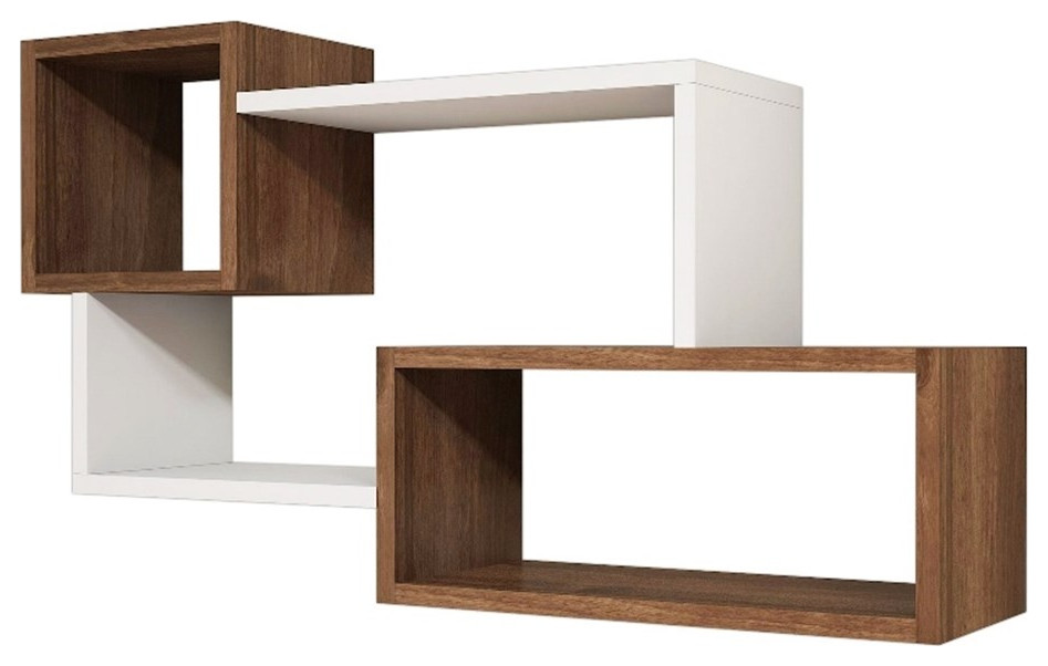 36 Inch Staggered Floating Wall Shelf with 3 Open Compartments Brown and White Transitional
