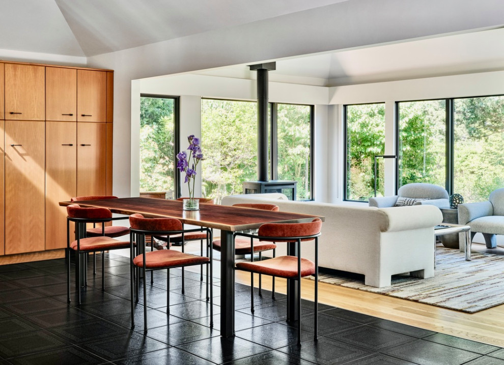 Идея дизайна: кухня-столовая среднего размера в современном стиле с белыми стенами, полом из керамогранита и черным полом
