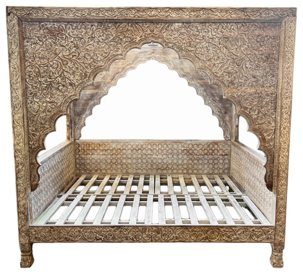 Carved White Wash Canopy Queen Daybed