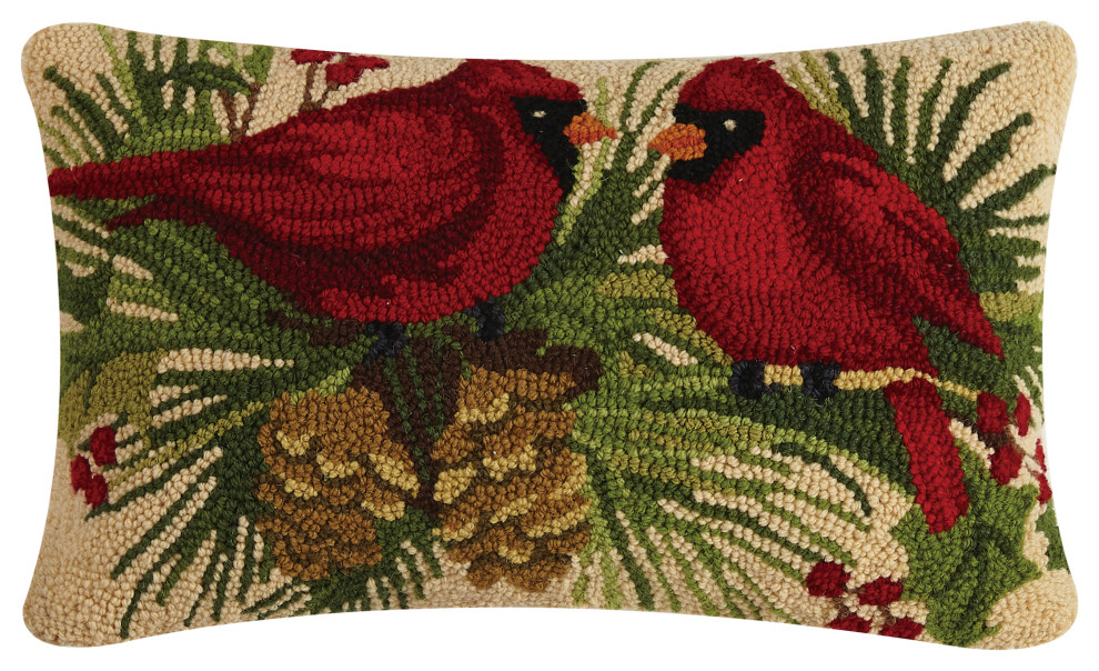 Holly Cardinals Duo Hook Pillow Rustic Decorative Pillows by