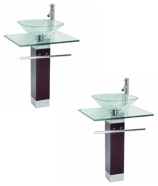 2 Tempered Glass Pedestal Sink Chrome Faucet Towel Bar And Drain Combo Pack Of 2