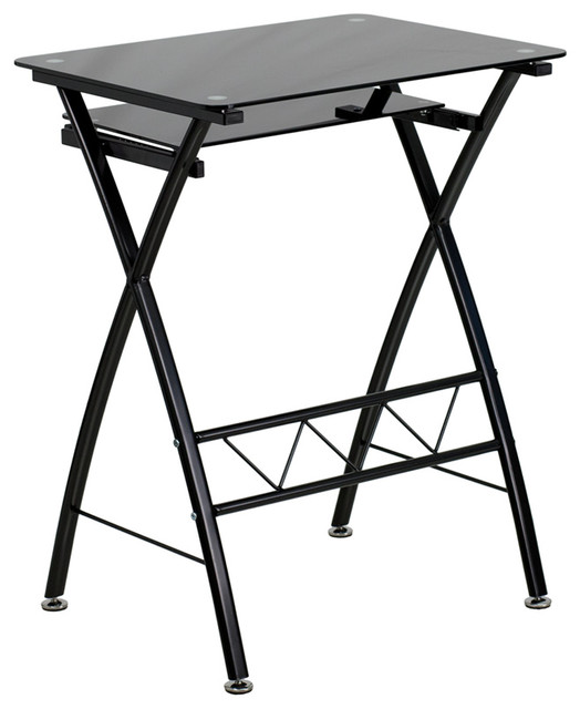 Black Tempered Glass Computer Desk With Pull Out Keyboard Tray