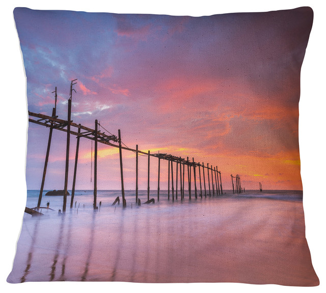 Abandoned Wooden Pier At Sunset Pier Seascape Throw Pillow Beach