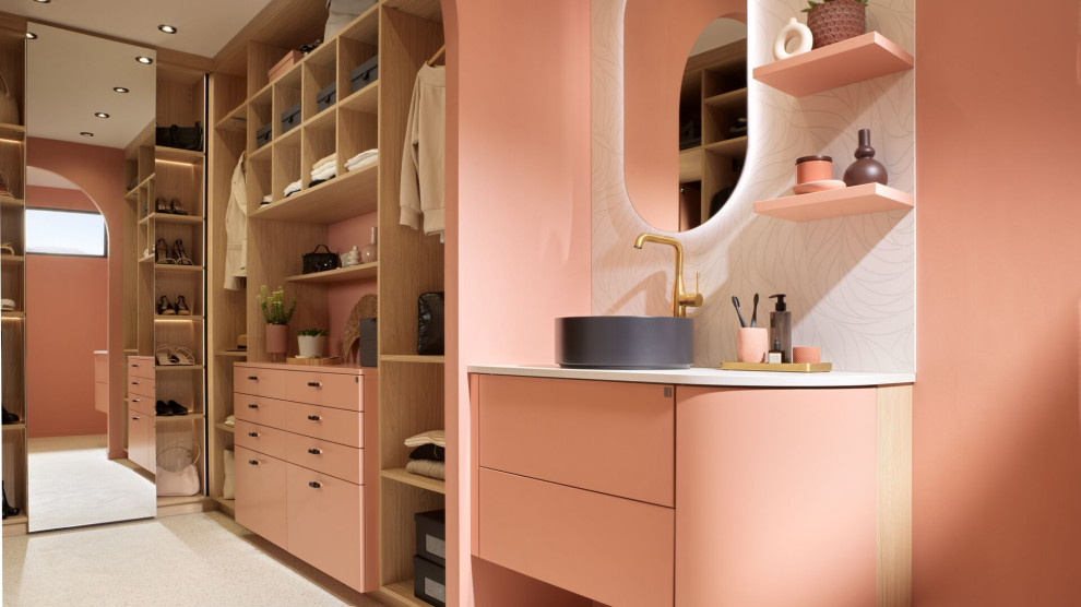 This is an example of a contemporary built-in wardrobe for women in Other with flat-panel cabinets and white floors.