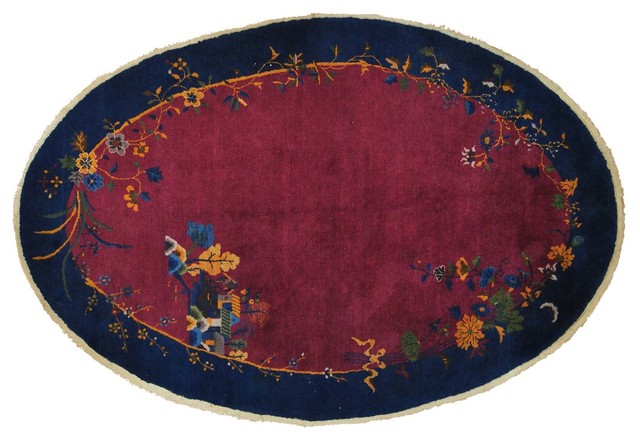 Antique Chinese Art Deco Full Pile Oval Handmade Oriental Rug