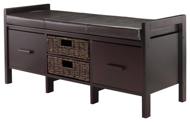 Winsome Fulton Cushion Storage Hall Bench With Baskets In Espresso