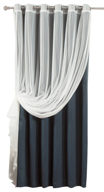 Wide Width Tulle Sheer Lace Blackout 2-Piece Curtain Set, Navy