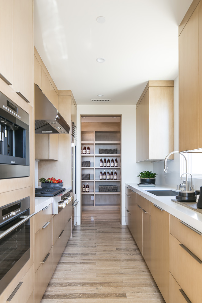 Design ideas for a contemporary galley separate kitchen in Orange County with an undermount sink, flat-panel cabinets, light wood cabinets, stainless steel appliances, no island and brown floor.