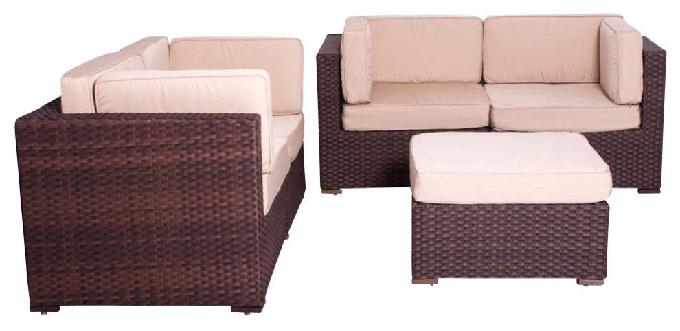 Nice Deluxe 5-Piece Wicker Patio Sectional Set With Antique Beige Cushions