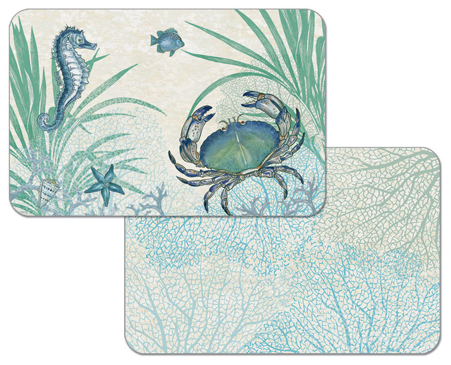 Vinyl Plastic Placemats, Reversible Beach Coastal Oceana, Set of 4