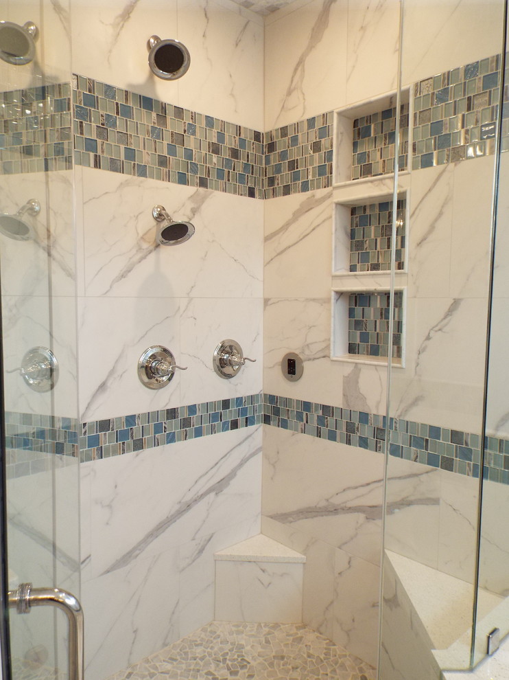 Mid-sized contemporary master bathroom in Miami with white cabinets, a corner shower, a one-piece toilet, white tile, grey walls, an undermount sink, white floor, a hinged shower door, recessed-panel cabinets, a corner tub, ceramic tile, ceramic floors, engineered quartz benchtops and white benchtops.