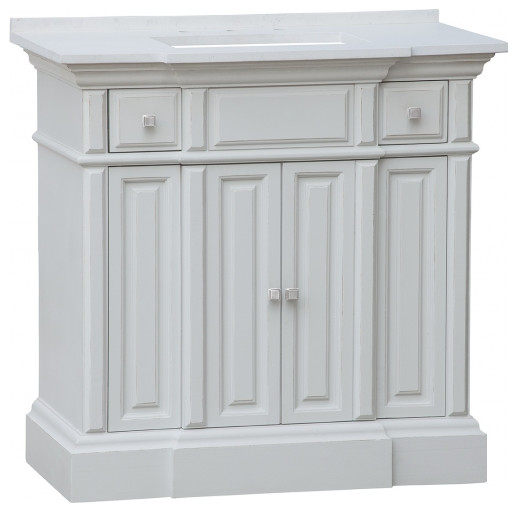 36 Inch Distressed White Bathroom Vanity with Single Sink, Quartz