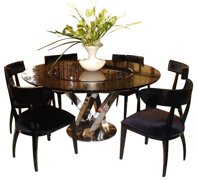 AC833-180 Black High Gloss Crocodile Textured Glass Dining Table With Lazy Susan