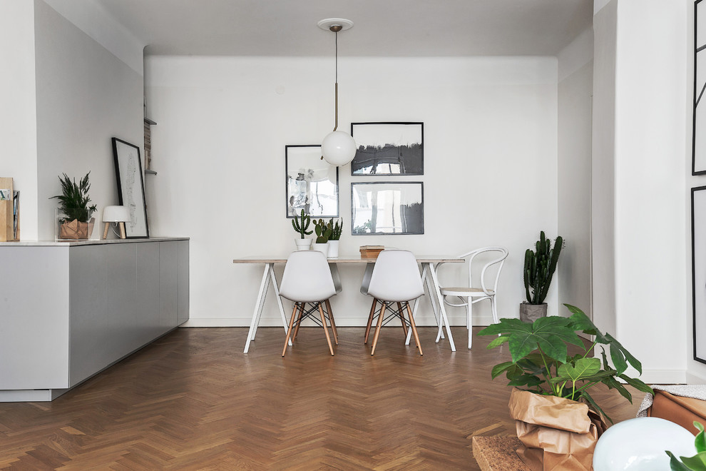 Inspiration for a mid-sized scandinavian separate dining room in Stockholm with white walls, medium hardwood floors and no fireplace.