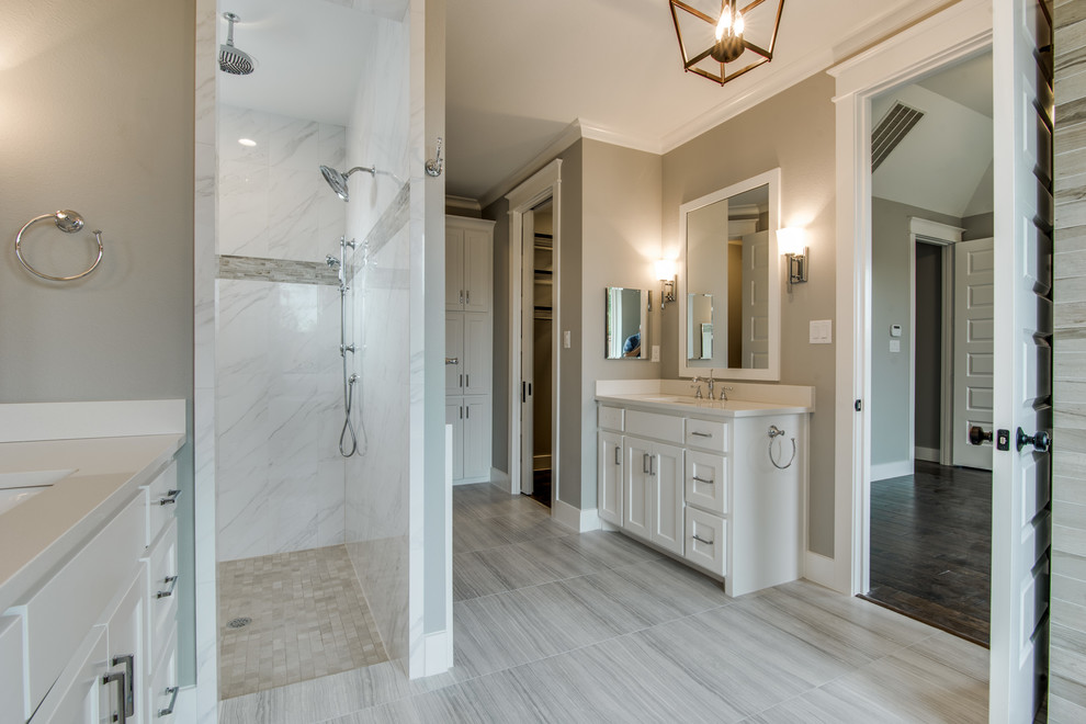 Mid-sized transitional master freestanding bathtub photo in Dallas with shaker cabinets